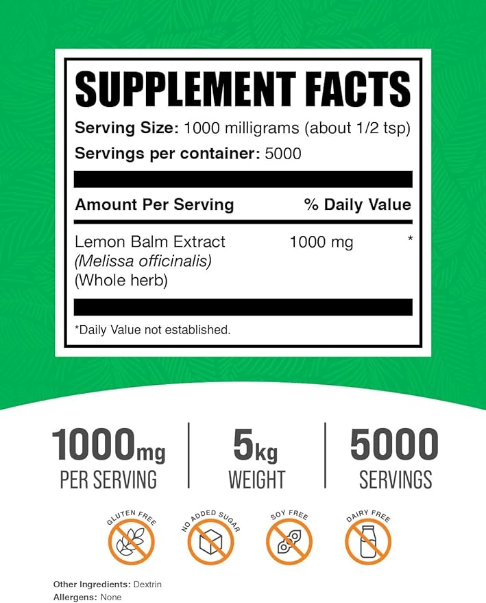 BulkSupplements.com Lemon Balm Extract Powder 1000mg per 5kg (11 (11 lbs) 5)