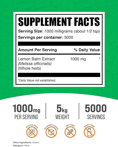 BulkSupplements.com Lemon Balm Extract Powder 1000mg per 5kg (11 (11 lbs) 5)