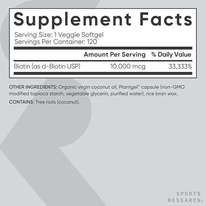 Sports Research Vegan Biotin 10,000mcg B7 for 120 Softgels (4 Month