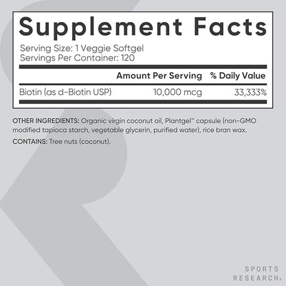 Sports Research Vegan Biotin 10,000mcg B7 for 120 Softgels (4 Month