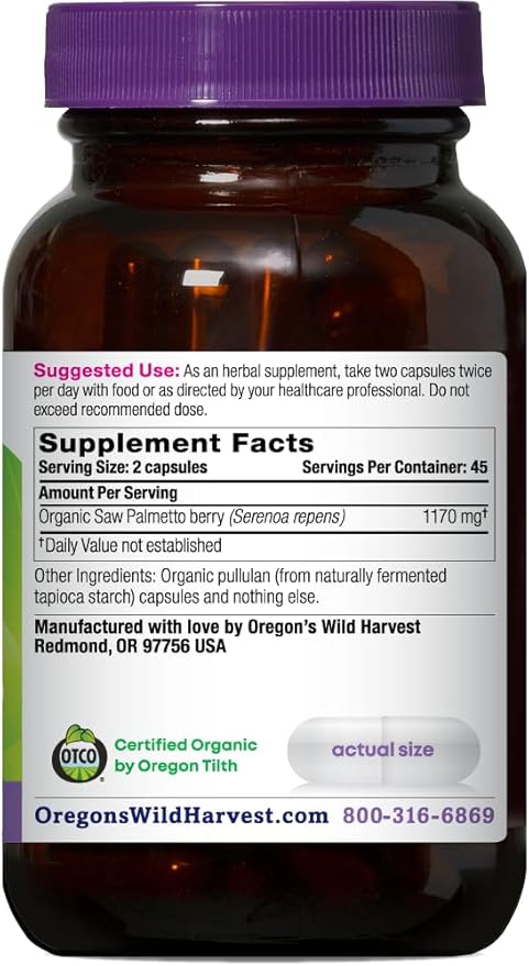 Oregon's Wild Harvest Certified Organic Saw Palmetto Capsules, Non-GMO, 1170 mg, 90 Count