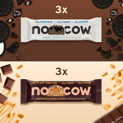 No Cow Vegan Protein Snack Bar Variety Pack, High Protein & 10g Fiber, Low Sugar, Gluten-Free, Dairy-Free, For On-the-Go Nutrition & Post-Workout (Cookies ‘n Cream, Chocolate Caramel Peanut, 6 Count)