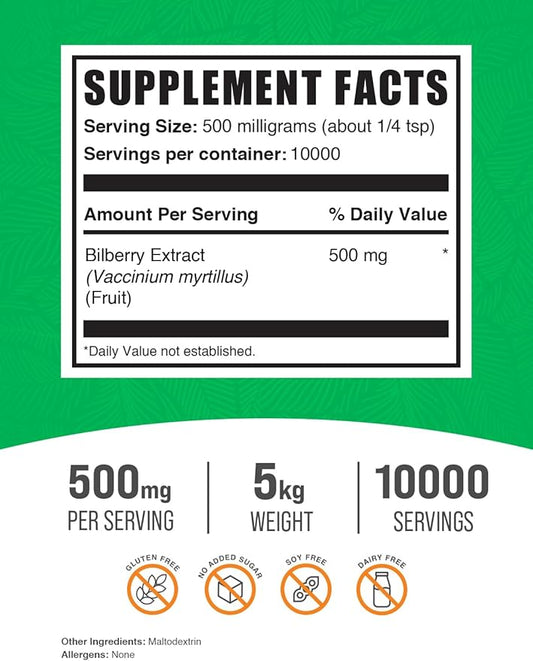 BulkSupplements.com Bilberry Extract Powder - Bilberry Fruit Extract, Bilberry Powder, Bilberry Supplement for Eyes - Glulten Free, 500mg per Serving, 5kg (11 lbs) (Pack of 5)