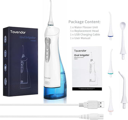 TOVENDOR Electric Water Flosser, Rechargeable Dental 3 Modes, 5 Tips (300ML, IPX7Waterproof IPX7Waterproof Waterflosser)