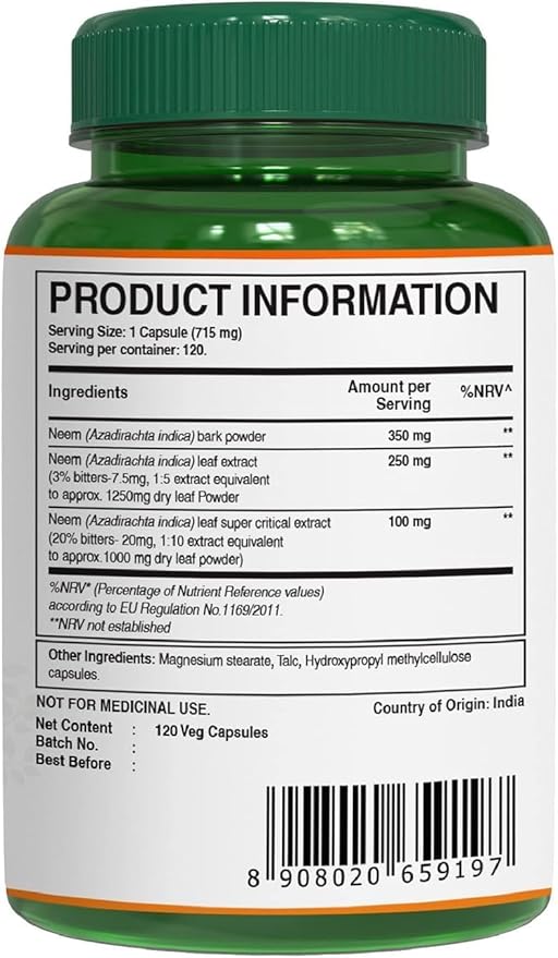 Pure Nutrition Neem Capsules 700mg. (Equivalent 2600mg Neem 120 Days