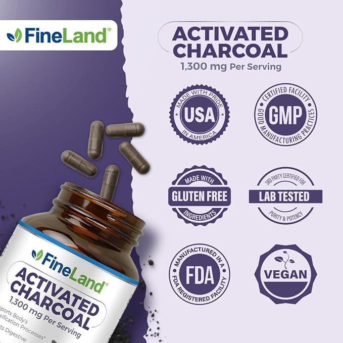 FineLand Activated Charcoal, 1,300 mg Detox Cleanse Support Capsules, Alleviate Gas & Bloating, Supports Arteries, Blood Circulation Colesterol Support, 120 Vegan Pills