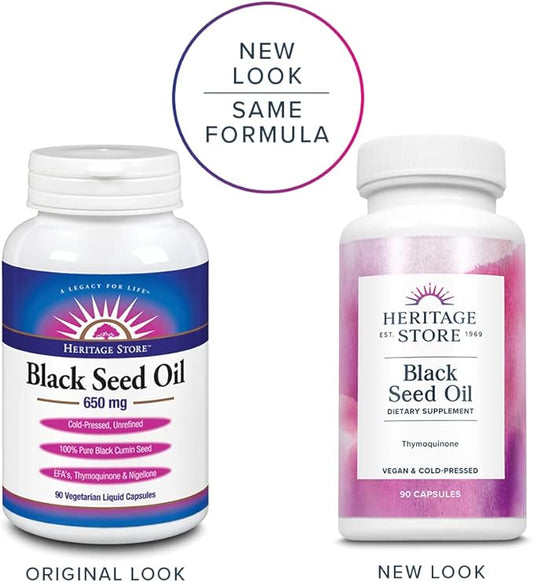 HERITAGE STORE Black Seed Oil Liquid Capsules 650mg, Nigella Sativa Oil Supplement with Thymoquinone, Omega 3 6 9, Antioxidant, Cholesterol, Digestive, Joint & Immune Support*, Vegan, 45 Serv, 90ct