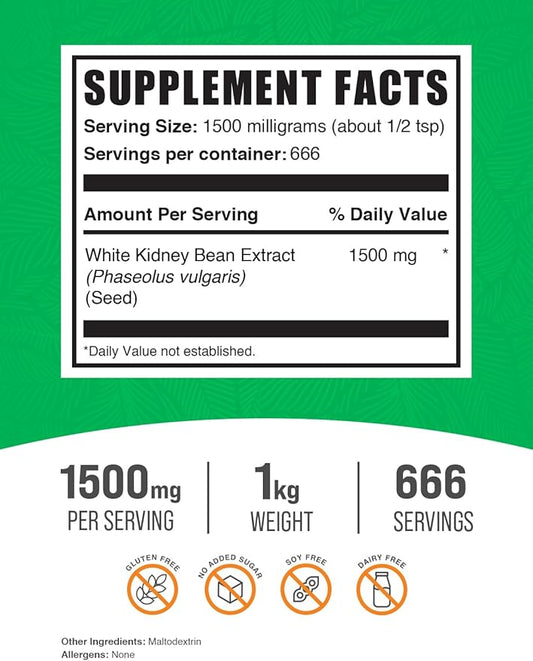 BulkSupplements.com White Kidney Bean Extract Powder - White Kidney Bean Powder, Herbal Supplement - Gluten Free, 1500mg per Serving, 1kg (2.2 lbs) (Pack of 1)