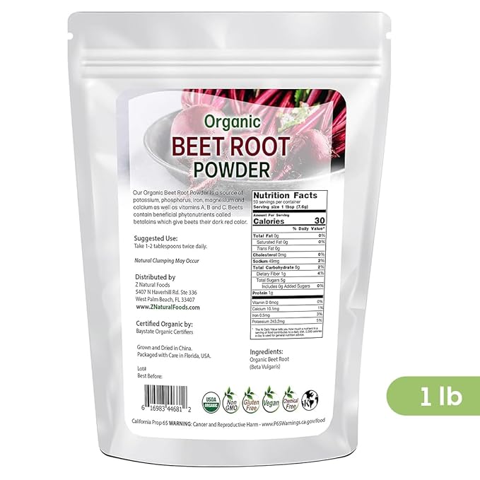 Z Natural Foods Organic Beetroot Powder, Nutrient-Packed Red Superfood Powder, Perfect for Smoothies, Juice, Drinks, and Recipes, Vegan, Non-GMO, Gluten-Free, 1 lb