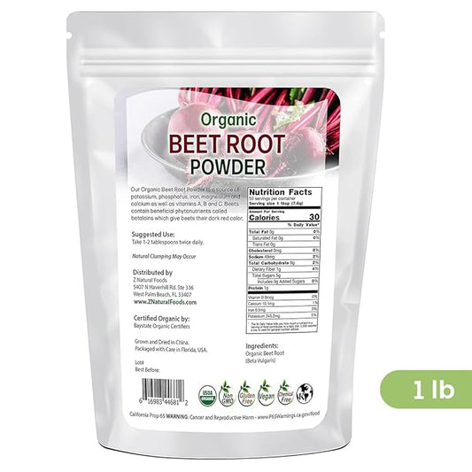 Z Natural Foods Organic Beetroot Powder, Nutrient-Packed Red Superfood Powder, Perfect for Smoothies, Juice, Drinks, and Recipes, Vegan, Non-GMO, Gluten-Free, 1 lb
