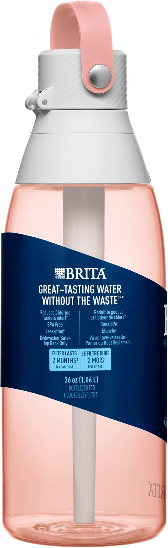 Brita Hard-Sided Plastic Premium Filtering Water Bottle, BPA-Free, Reusable, Replaces 300 Plastic Water Bottles, Filter Lasts 2 Months or 40 Gallons, Includes 1 Filter, Blush - 36 oz.