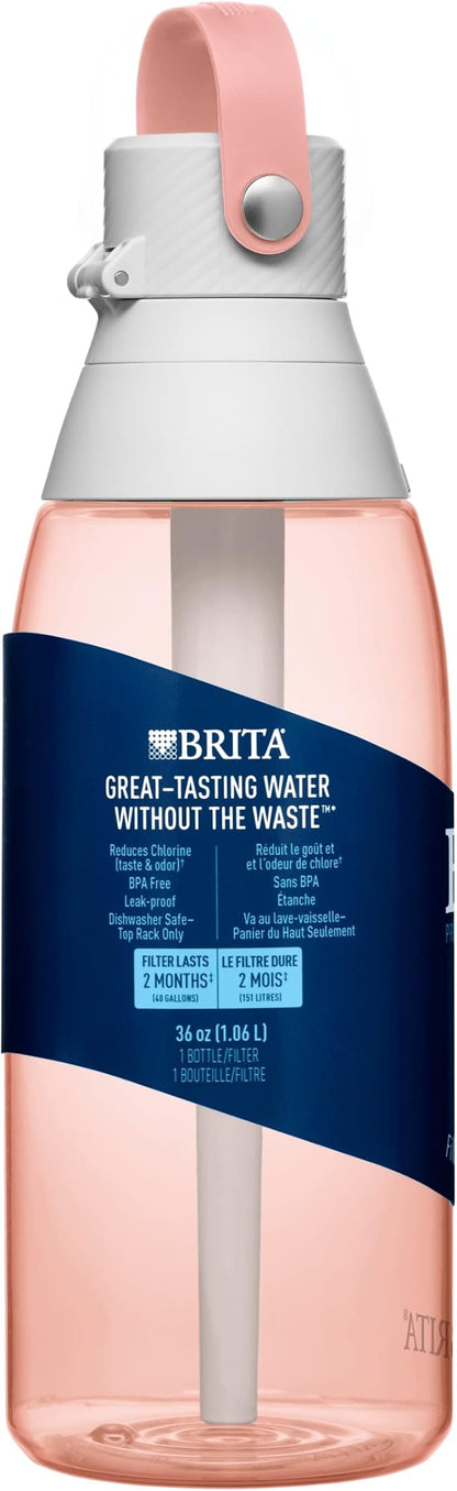 Brita Hard-Sided Plastic Premium Filtering Water Bottle, BPA-Free, Reusable, Replaces 300 Plastic Water Bottles, Filter Lasts 2 Months or 40 Gallons, Includes 1 Filter, Blush - 36 oz.