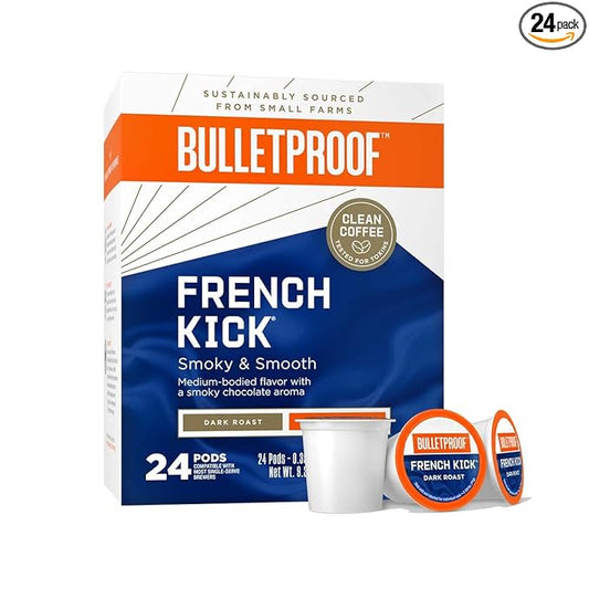 Bulletproof French Kick Dark Roast Single Serve Pods, 24 Count, 100% Arabica Coffee Sourced from Central and South America
