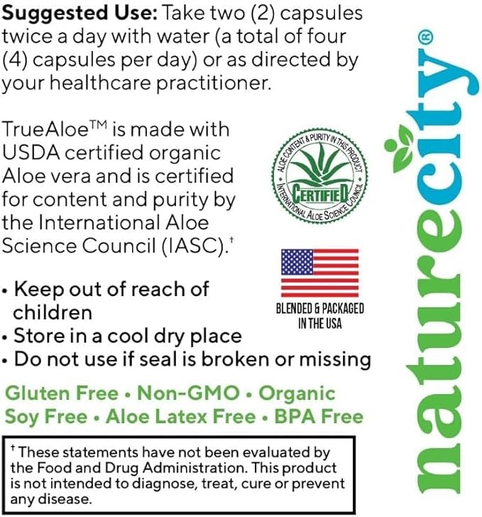 NatureCity True-Aloe 80,000mg Aloe Vera Gel Equivalent Per Serving – Made with Organic Aloe Vera (120 Capsules) Digestive, Skin and Joint Support | Small Easy-to-Swallow Pills