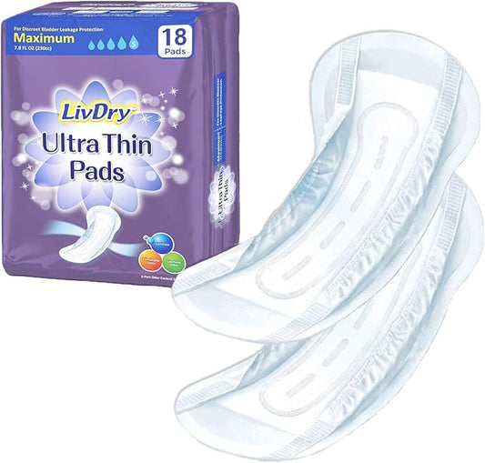 LivDry Incontinence Ultra Thin Pads for Women 18-Count)