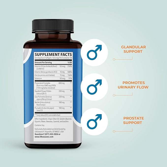 LifeSeasons Prostate Support Supplement - Saw Palmetto, Phytosterol, Zinc, Nettle, Vitamin D-3 & B6 - Promote Healthy Prostate Function & Normal Urinary Flow - Improve Tissue - 60 Softgels (Pack of 2)