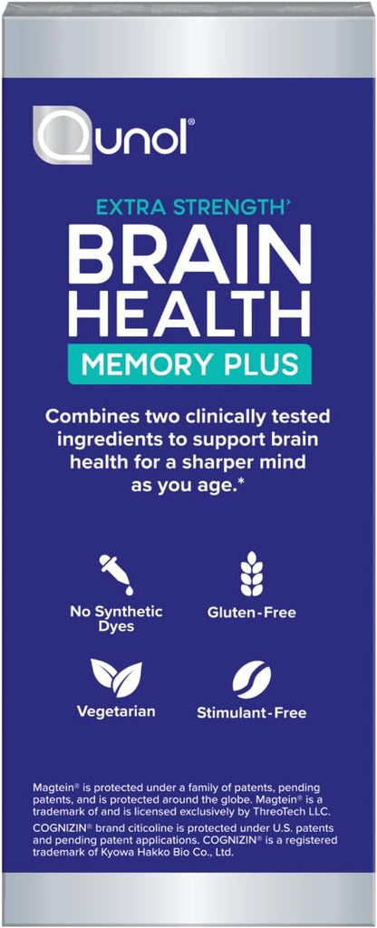 Qunol Brain Health Memory Plus, Magnesium L-Threonate & Citicoline, Clinically Tested Ingredients to Improve Memory, Focus, Attention and Productivity, 60 Count (Pack of 1)