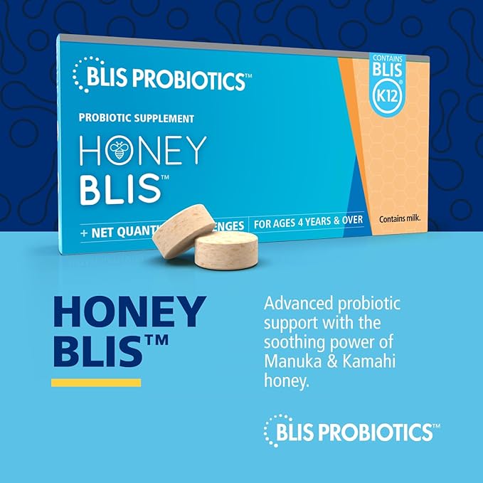 BLIS HoneyBlis Oral Probiotic Throat Lozenges with Soothing Manuka Honey K12 Probiotics (1 Billion Cfu) to Support Immunity & Soothe Sore Throats, 16 Lozenges
