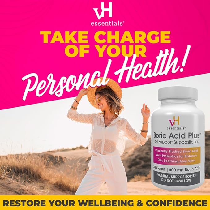 vH essentials Boric Acid Plus Vaginal Suppositories, Prebiotic Infused with Soothing Aloe Vera, pH Support Formula Fights Odor and Promotes Freshness, 600mg Boric Acid, 30 Count
