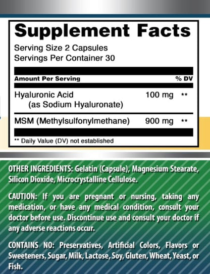 Amazing Formulas Hyaluronic Acid & MSM Supplement | 1000 Mg Per Serving | Capsules | Non-GMO | Gluten Free | Made in USA (1 Pack, 60 Count)
