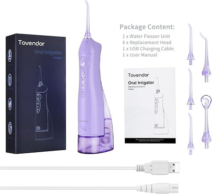 TOVENDOR Electric Water Flosser, Rechargeable Dental 3 Modes, 5 Tips (300ML, IPX7Waterproof IPX7Waterproof Waterflosser)