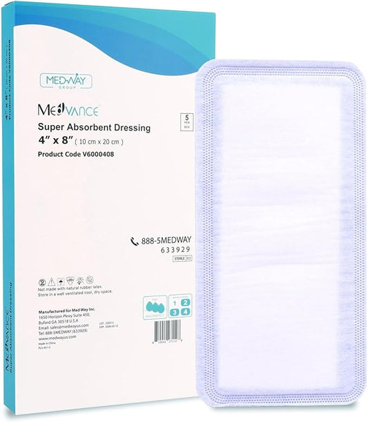 MedVance Super Absorbent Dressing, Dressing Pads 1st/2nd Degree 5 dressings (4"x8")