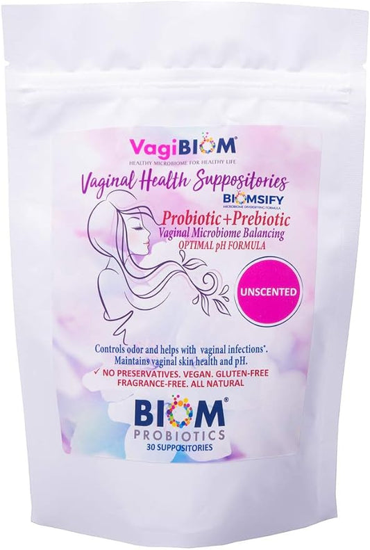 Biom Vaginal Probiotic Suppository: Natural Vaginal pH and Odor Control Regimen; Balance and Nourishes Vaginal Microbiome; No Parabens, Fragrance-Free (30)