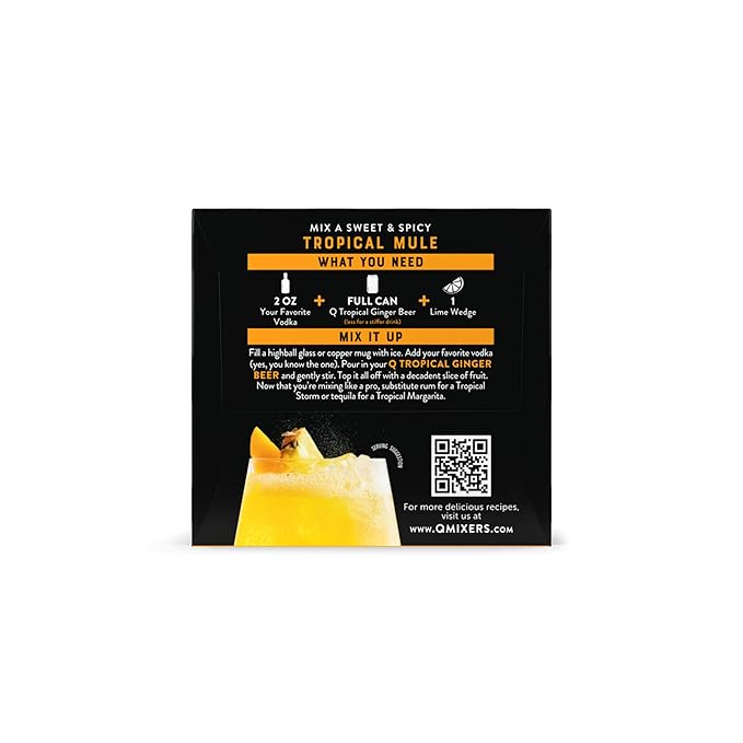 Q TROPICAL GINGER BEER with Real Ginger, Tropical Fruits & Organic Agave - Ideal for Cocktails & Mocktails - Real Ingredients & Perfectly Carbonated, 90 Calories per Can, 7.5 Fl Oz Cans (Pack of 4)