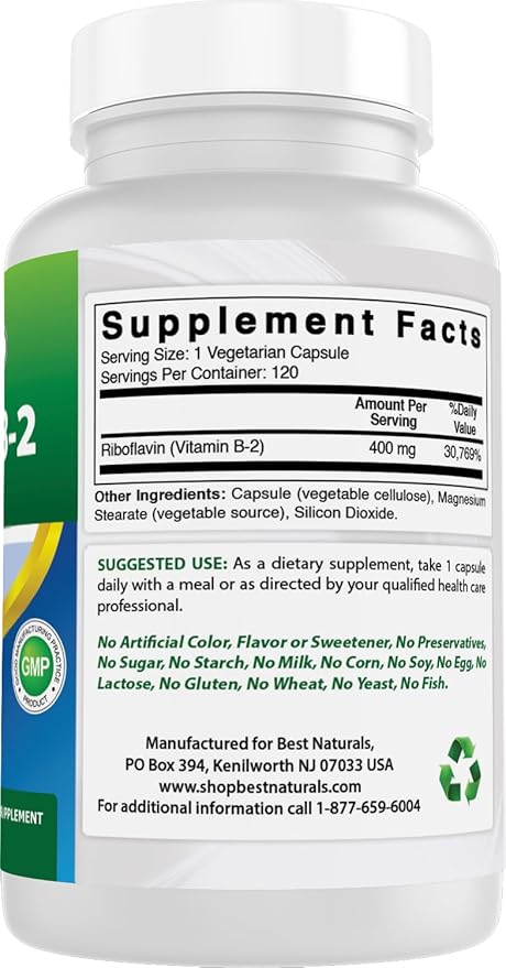 Best Naturals Vitamin B2 (Riboflavin) 400mg 120 Count (120 Count 1))