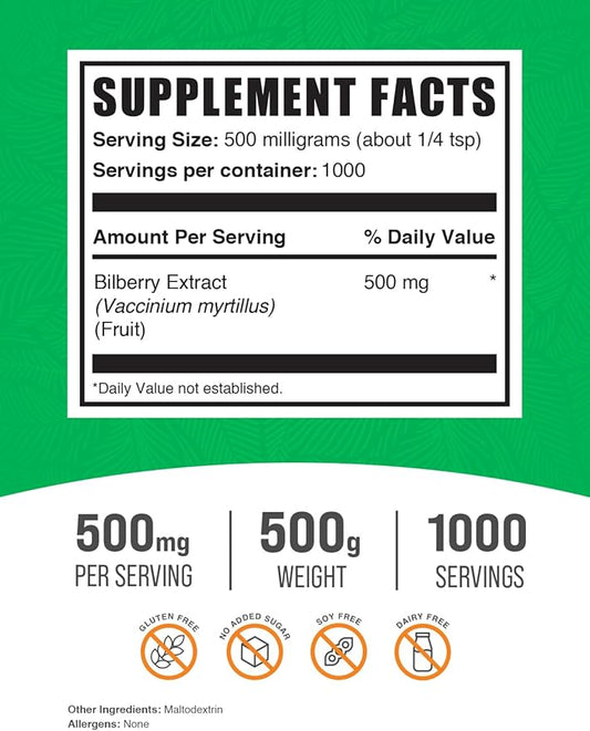 BulkSupplements.com Bilberry Extract Powder - Bilberry Fruit Extract, Bilberry Powder, Bilberry Supplement for Eyes - Glulten Free, 500mg per Serving, 500g (1.1 lbs) (Pack of 1)