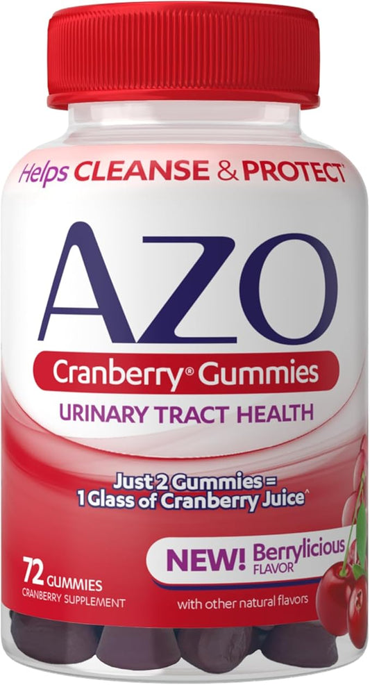 AZO Cranberry Urinary Tract Health Gummies Dietary Supplement, 2 Gummies = 1 Glass of Cranberry Juice, Helps Cleanse & Protect, Natural Berrylicious Flavor, Non-GMO, 72 Gummies