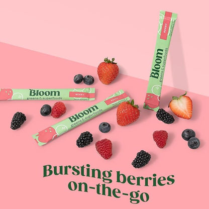 Bloom Nutrition Superfood Greens Powder Stick Packs, Digestive Enzymes with Probiotics and Prebiotics, Gut Health, Bloating Relief for Women, Chlorella, Green Juice Mix, 15 SVG, Berry