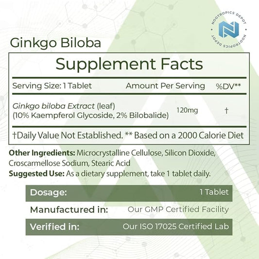 Nootropics Depot Ginkgo Biloba Extract Tablets 120mg | 365 Count 10% Kaempferol 2% Bilobalide