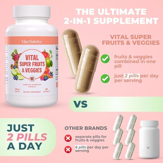 Vital Super Fruits & Veggies - Daily Superfood Capsules for Adults - Fruit and Veggies Supplement to Boost Immunity & Energy - 2-in-1 Formula for Overall Wellness - Fruit and Vegetable Capsules