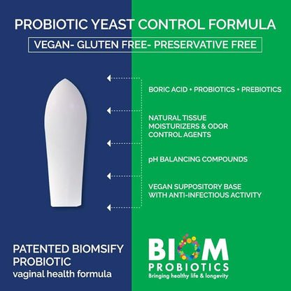 Biom Probiotics Prebiotics Boric acid Suppositories . Feminine Health Probiotic for Infections & pH Essentials VEGAN,PARABEN-FREE (10)