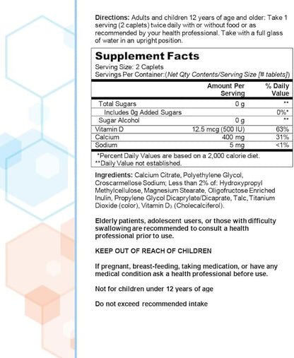 Citracal Petites, 400 mg Calcium Citrate, Easily Absorbed and Highly Soluble with 12.5 mcg (500 IU) Vitamin D3, Bone Health Support for Ages 12+, Smaller and Easier to Swallow Caplets, 375 Count
