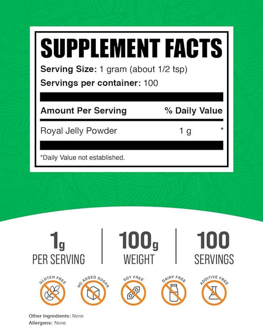 BulkSupplements.com Royal Jelly Powder - Royal Jelly Supplement, Royal Jelly 1000mg - for Immune Support, Gluten Free, 1000mg per Serving, 100g (3.5 oz) (Pack of 1)