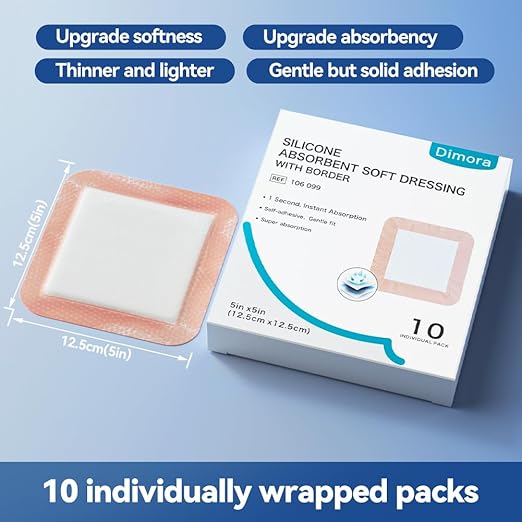Dimora Silicone Super Absorbent Wound Dressings 5"X 5" 5" 10 10 Packs