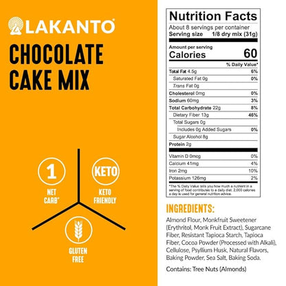 Lakanto Sugar Free Keto Cake Mix - Sweetened with Monk Fruit, Gluten Free, 1 Net Carb, Keto Diet Friendly, Delicious - Chocolate