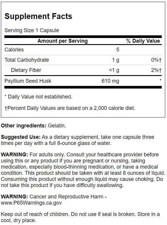 Swanson Psyllium Husk Dietary Fiber Supplement 610 mg 300 Capsules 3 Pack