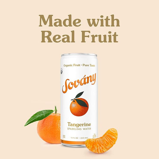 Sovány Sparkling Water, Tangerine, Seltzer Water Drinks, USDA Organic, Made With Real Fruit, Non-GMO, Vegan, No Added Sugar, Low Calorie, 12 fl oz, 24 Pack