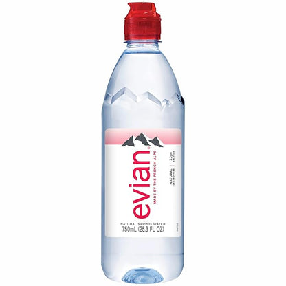 evian Natural Spring Water, 750 ml (25.36 fluid ounce) Water Bottle with Sports Cap, 12 Pack