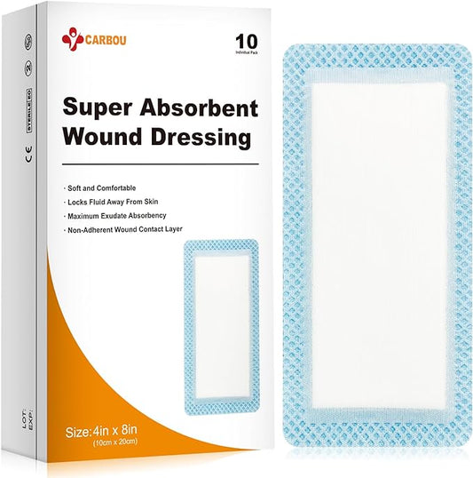 Carbou Super Absorbent Wound Dressing Pads 4"x 8", 8", 10 10 Individual