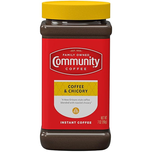 Community Coffee Coffee and Chicory Instant Coffee, Medium Dark Roast, 7 Ounce Jar (Pack of 12)