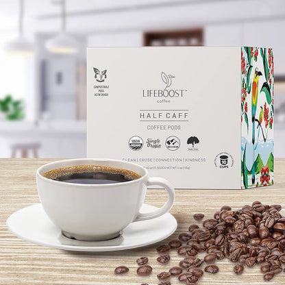 Lifeboost Coffee Half Caff Coffee K Cups - Low Acid Half Caff Coffee Pods - Single Origin Non-GMO Mold Free Pods Compatible with Keurig & Keurig 2 - No Mycotoxins or Pesticides - 10 Count