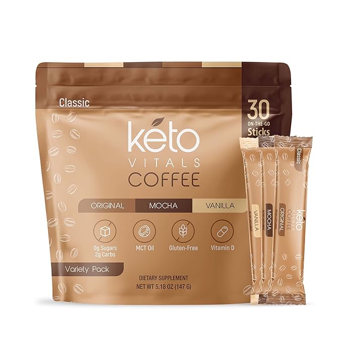Keto Vitals Instant Keto Coffee Powder - Low-Calorie Sweetened Coffee Packets, Single Serve - Instant Mix in Original, Vanilla, & Mocha Flavors - 30 Count
