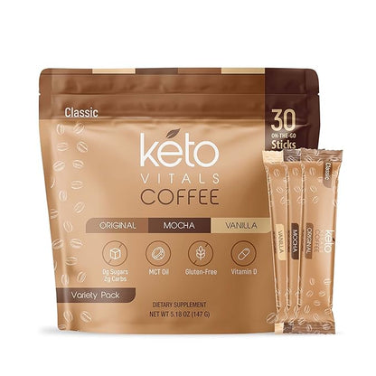 Keto Vitals Instant Keto Coffee Powder - Low-Calorie Sweetened Coffee Packets, Single Serve - Instant Mix in Original, Vanilla, & Mocha Flavors - 30 Count