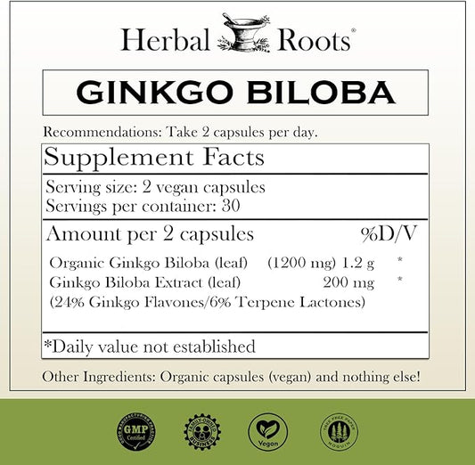 Herbal Roots Ginkgo Biloba Made 1,400mg per 60 Vegan