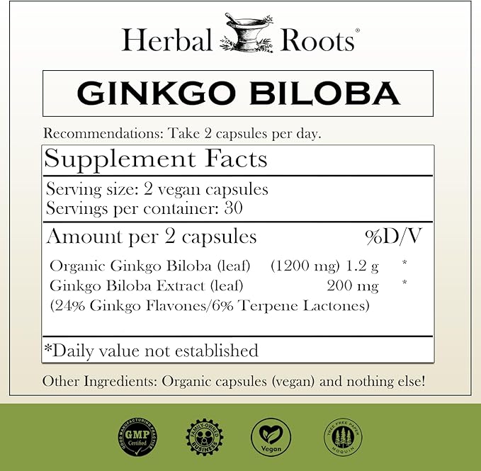 Herbal Roots Ginkgo Biloba Made 1,400mg per 60 Vegan