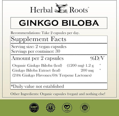 Herbal Roots Ginkgo Biloba Made 1,400mg per 60 Vegan
